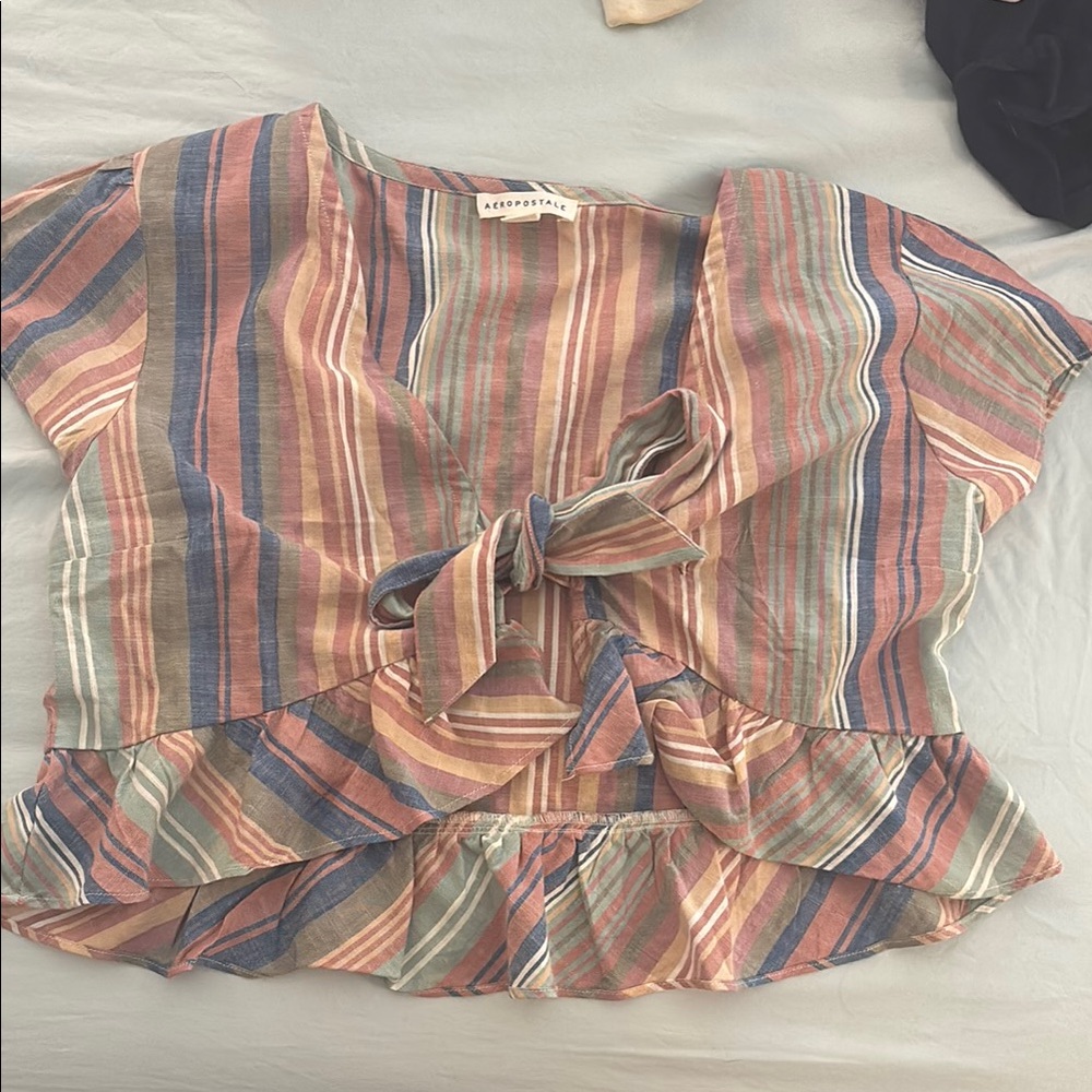 Aeropostale Brown and Orange Tie-Front Ruffled Blouse